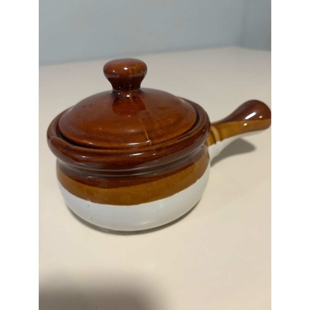 Vintage French Onion Soup Crock with Lid Ceramic Brown White Glazed Stoneware